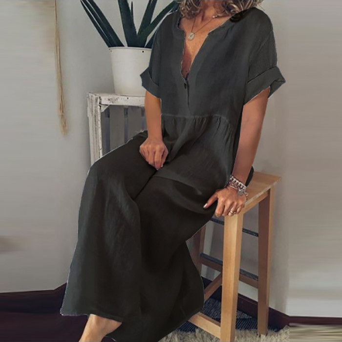 Women's Dress Elegant Solid Color  V-Neck Button Causal Loose Cotton Linen Dresses