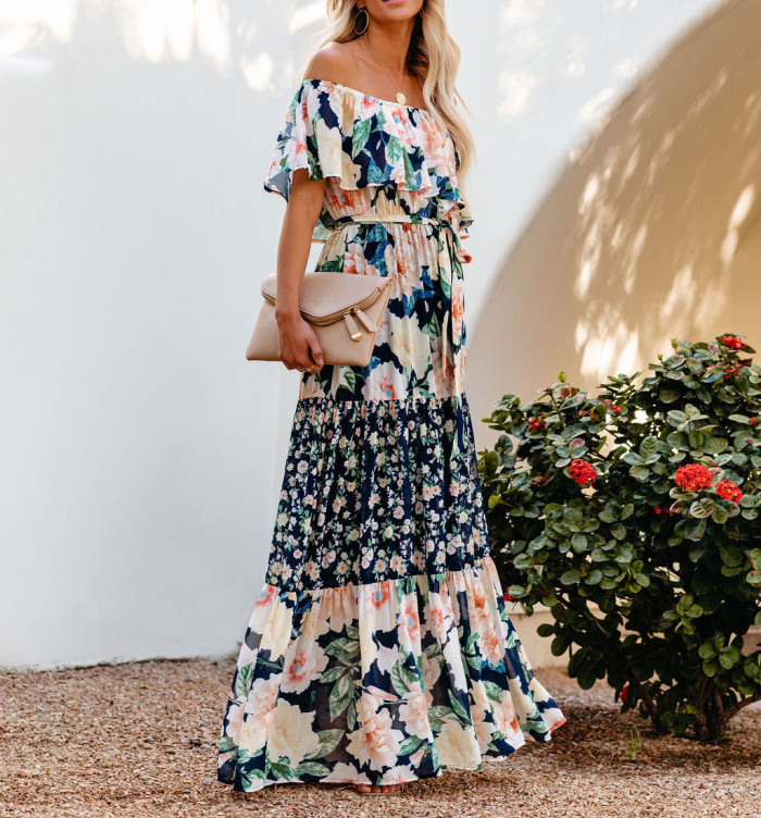 Sexy Off Shoulder  Print Floral Floor-length Summer Sundress Maxi Dress