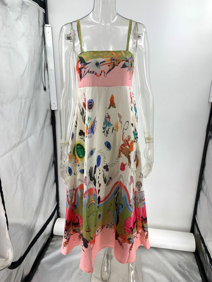 Linen Women's Graffiti Print Sexy A-Line Big Swing Backless Sleeveless Camisole Dresses
