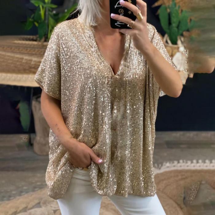 Fashion T-shirt Top Short Sleeve Sequined V Neck Tops Base T-shirt