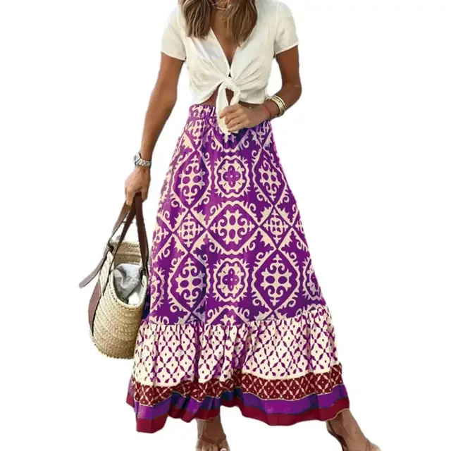 Boho Retro Floral Print  Elastic Waist Pleated Casual Holiday Beach Skirt