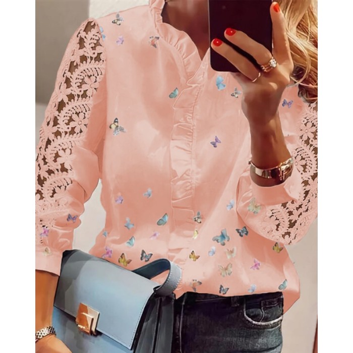 Women's Lace Patchwork Puff Sleeve Single-Breasted Printed Shirt