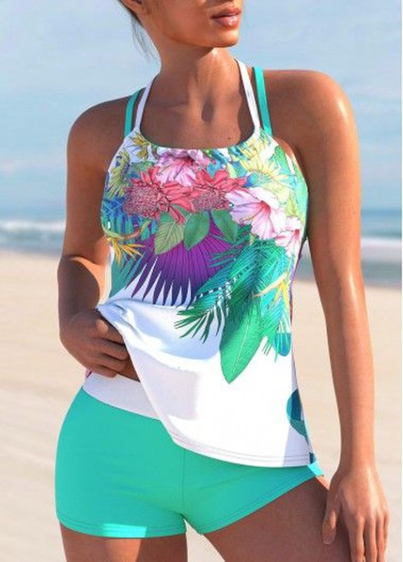 Green Floral Print Halter Swimwear