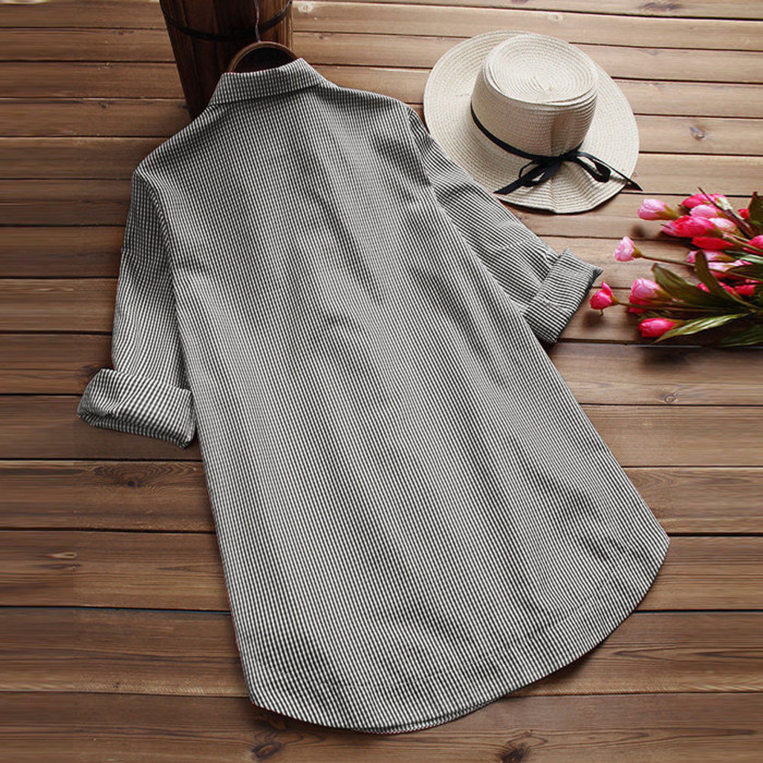 Cotton Linen Long Sleeves Roll Up Striped Casual V Neck Button Down Shirts Blouses