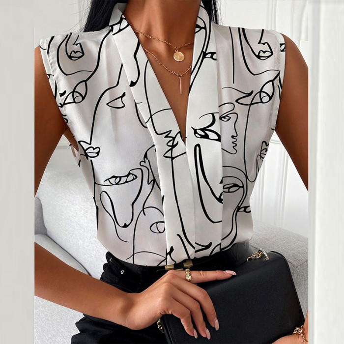 Sleeveless Office Lady Blouse Sexy V-neck Fashion Print Shirt