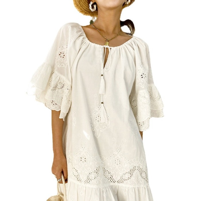 Solid Color Cotton Loose Waist White Lace Pullover Vacation Style Dress