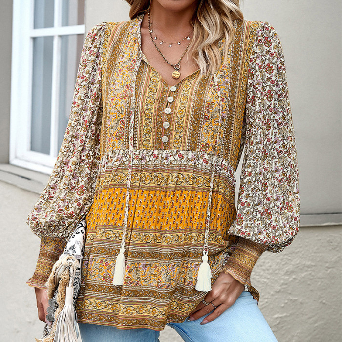 Fashion Bohemia Printing Elegant Office V-Neck Button Casual Loose Holiday Shirt