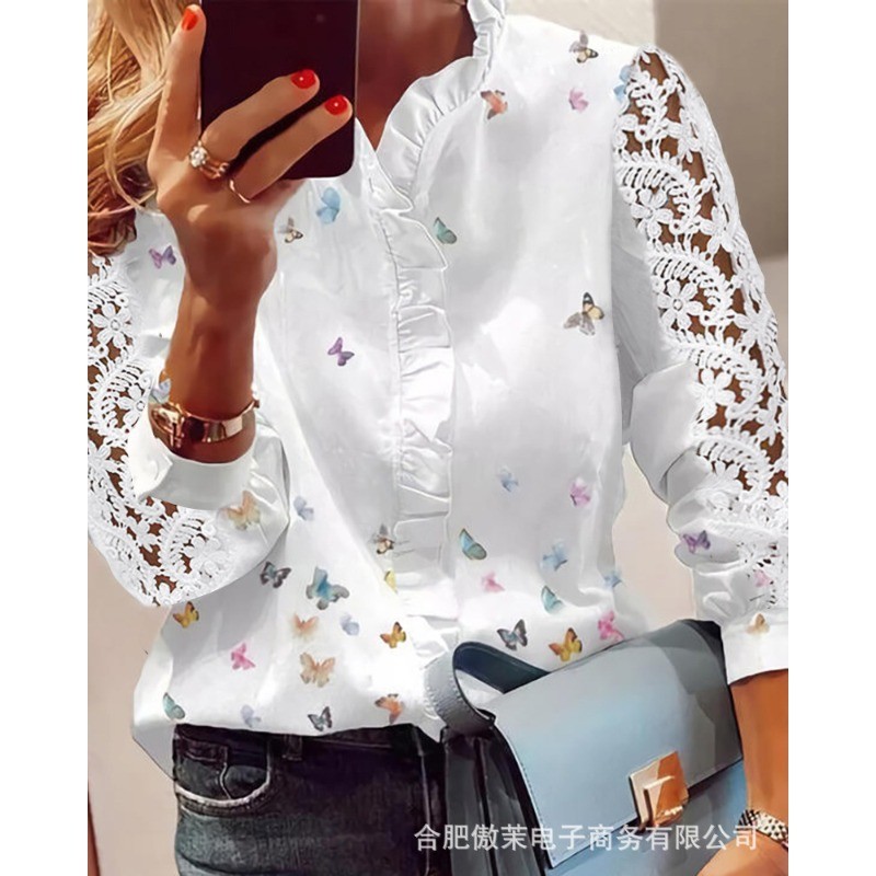 Women's Lace Patchwork Puff Sleeve Single-Breasted Printed Shirt