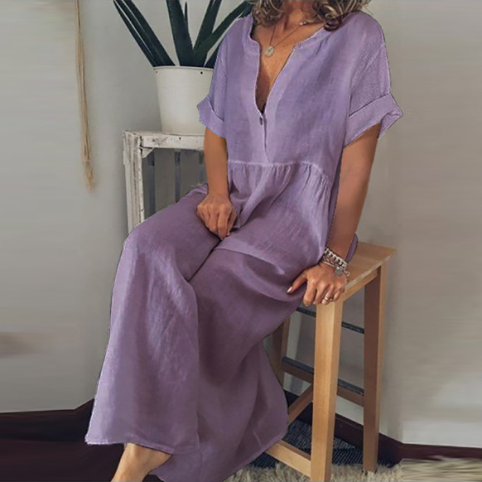 Women's Dress Elegant Solid Color  V-Neck Button Causal Loose Cotton Linen Dresses