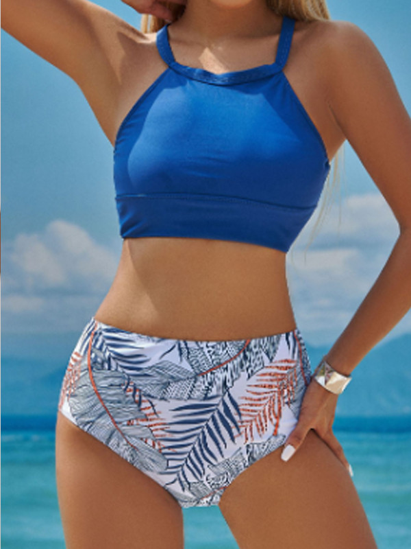 Women's Sexy Solid Color Printed Split High Waist Belly Covering Spa Swimsuit