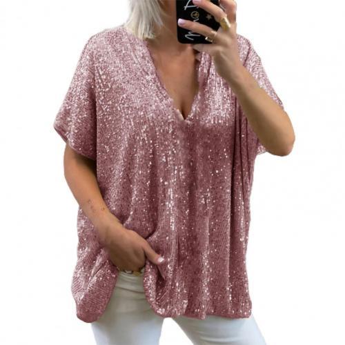 Fashion T-shirt Top Short Sleeve Sequined V Neck Tops Base T-shirt