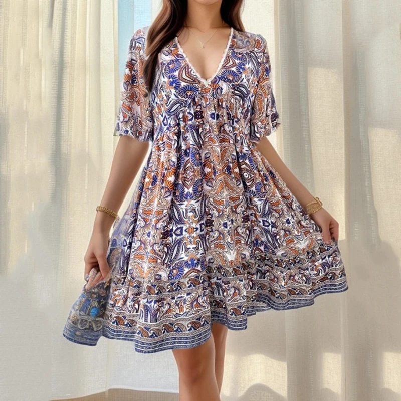 Beach Short Sleeve V-neck Print High Waist Fashion Elegant Casual Commute Female A-line Dress