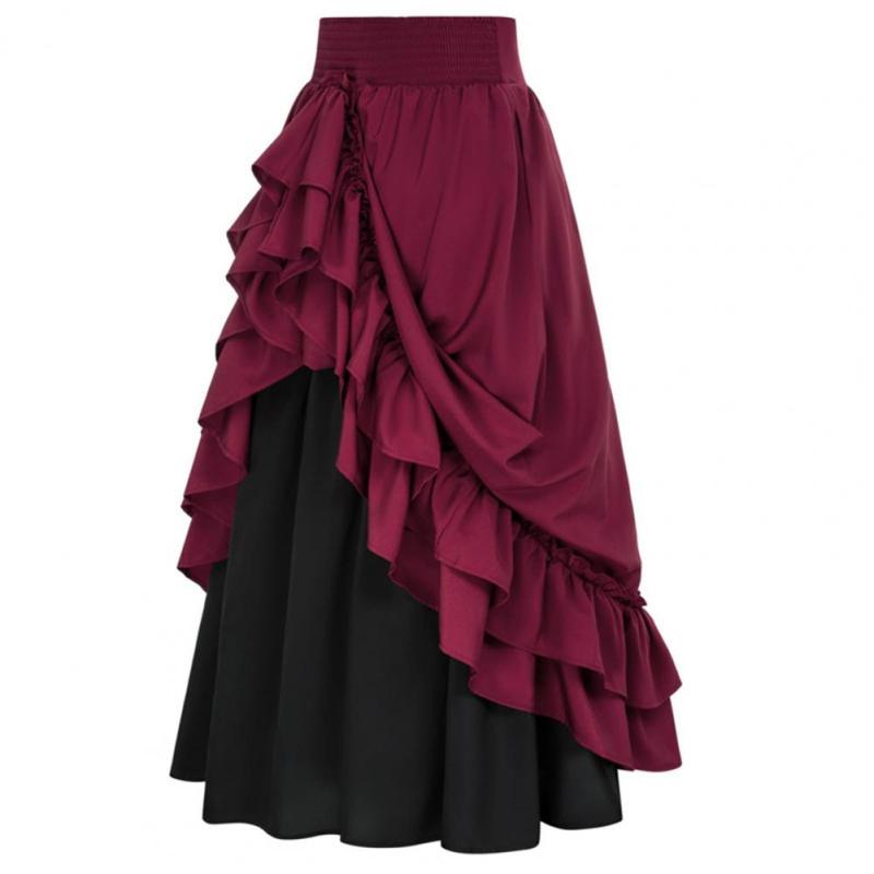 Women Retro Medieval Elastic Lace High Waist Boho Maxi Skirt Casual Drawstring A Line Shirtdresses Backless Vintage Bodycon