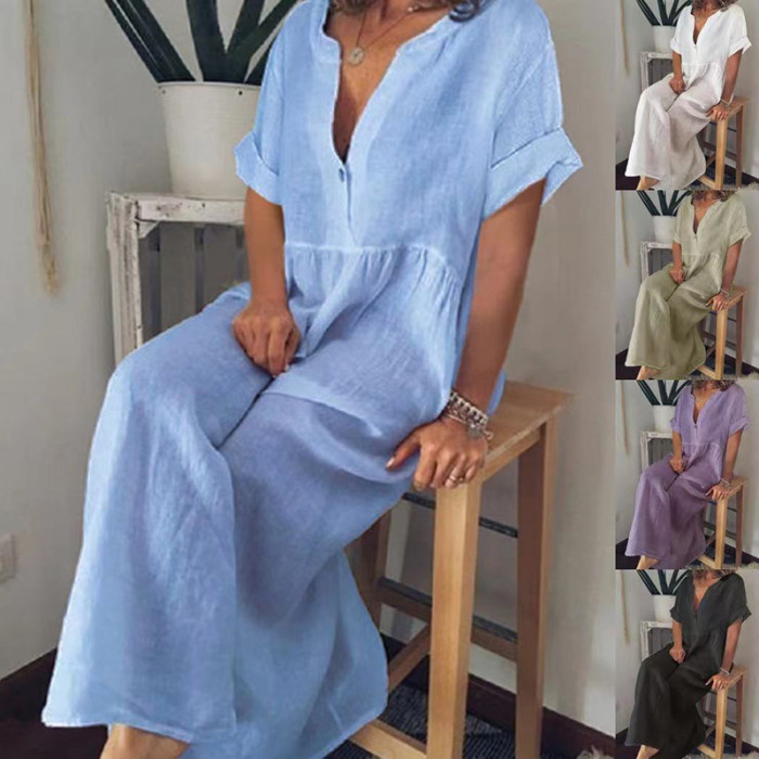 Women's Dress Elegant Solid Color  V-Neck Button Causal Loose Cotton Linen Dresses