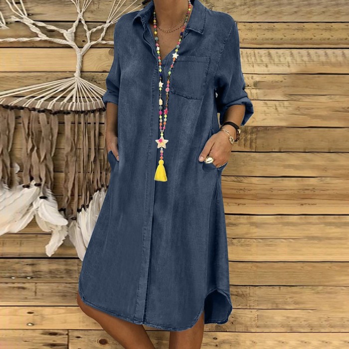 Women'S Solid Casual  Shirt Denim With Pocket Button Turn-Down Collar Elegant Loose Dresses