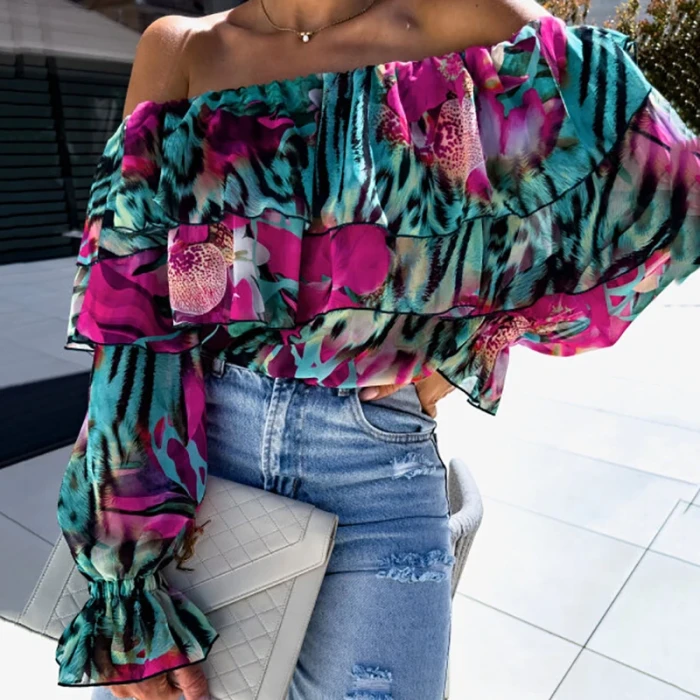 Elegant B Long Sleeve One-line Shoulder Floral Print Fashion Casual Sexy Commute Female Blouse
