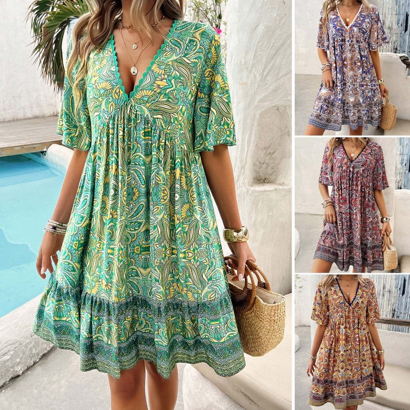 Women's  Casual Printing Summer Dress Short Sleeve Sundress Tank Dresses Beach Dress