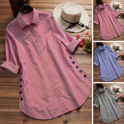 Cotton Linen Long Sleeves Roll Up Striped Casual V Neck Button Down Shirts Blouses