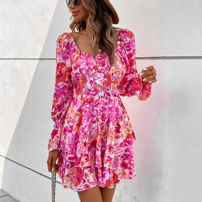 Square Neck Ruffle Dress Long Sleeve Floral Print Tiered Tie Back Layered Swing Mini Dress