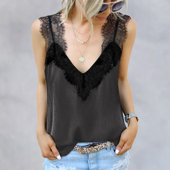 Women's Fashion Solid Color V-Neck Sleeveless Lace Stitching Camisole Top Vest T-Shirt