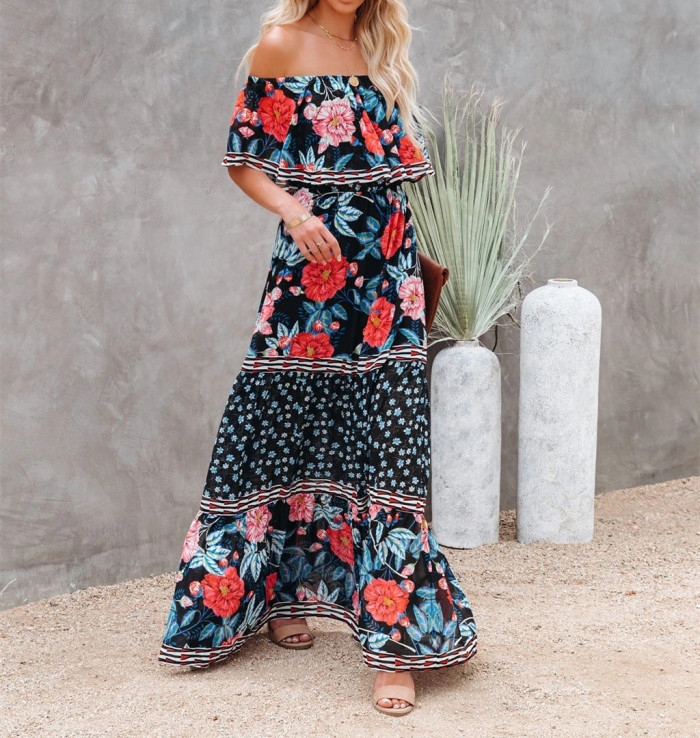 Sexy Off Shoulder  Print Floral Floor-length Summer Sundress Maxi Dress
