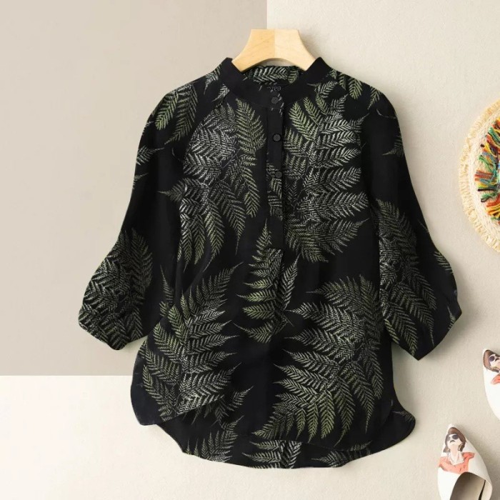 Oversize Cotton Linen Blouse Vintage Leaf Print Button Tops Fashion 3/4 Sleeve Boho Elegant Tunic Shirt