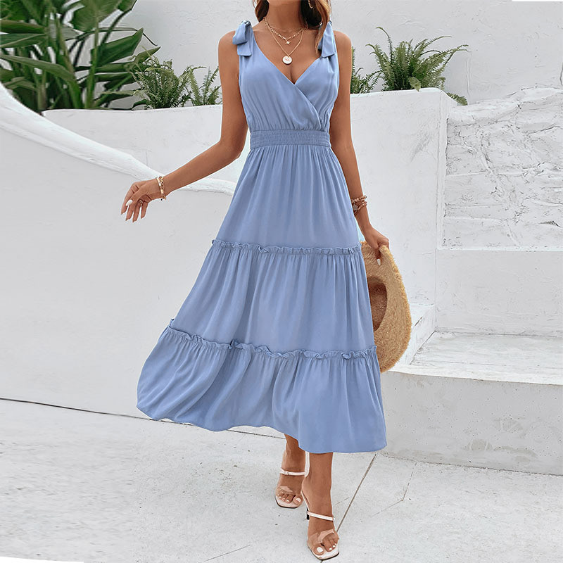 Women Ruffles Boho Print Lace Up  Loose High Waist Casual Streetwear Elegant Sexy Vacation Dress