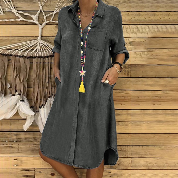 Women'S Solid Casual  Shirt Denim With Pocket Button Turn-Down Collar Elegant Loose Dresses