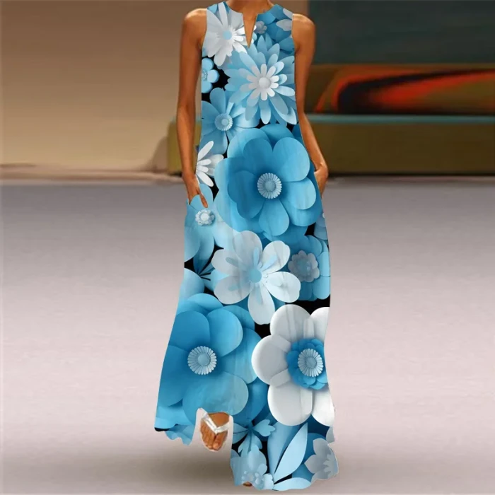 A-line Sleeveless Floral Print V-neck Slim Fashion Casual Chic Elegant  Dress