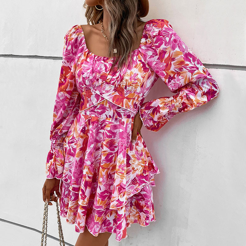 Square Neck Ruffle Dress Long Sleeve Floral Print Tiered Tie Back Layered Swing Mini Dress