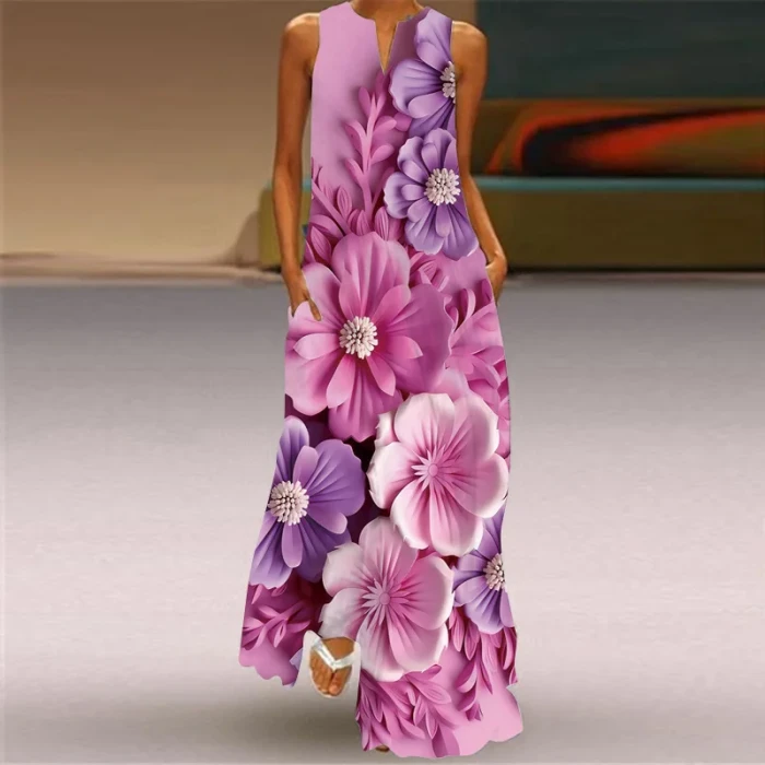 A-line Sleeveless Floral Print V-neck Slim Fashion Casual Chic Elegant  Dress