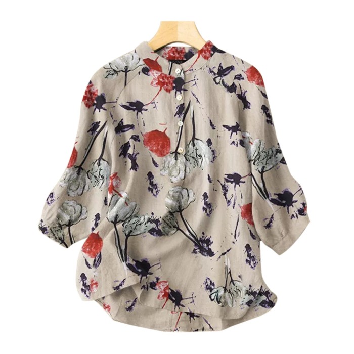 Oversize Cotton Linen Blouse Vintage Leaf Print Button Tops Fashion 3/4 Sleeve Boho Elegant Tunic Shirt