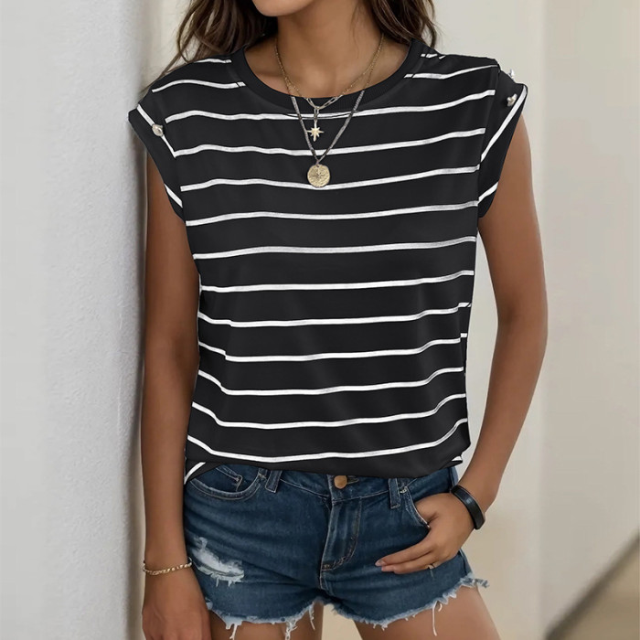 Casual Sleeveless Striped T-Shirt,  Fashion Round Neck Vest Top