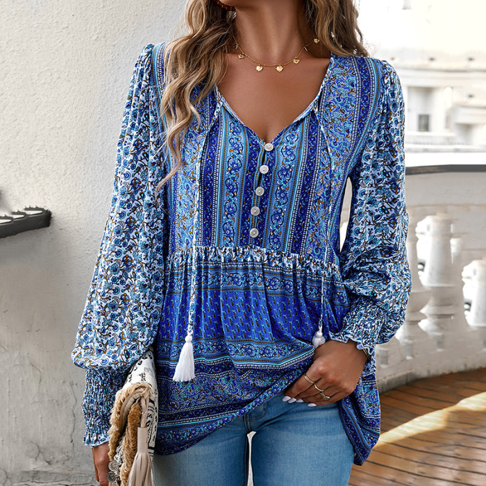 Fashion Bohemia Printing Elegant Office V-Neck Button Casual Loose Holiday Shirt