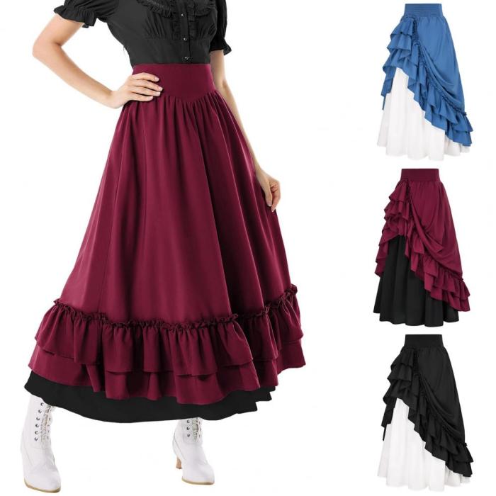 Women Retro Medieval Elastic Lace High Waist Boho Maxi Skirt Casual Drawstring A Line Shirtdresses Backless Vintage Bodycon