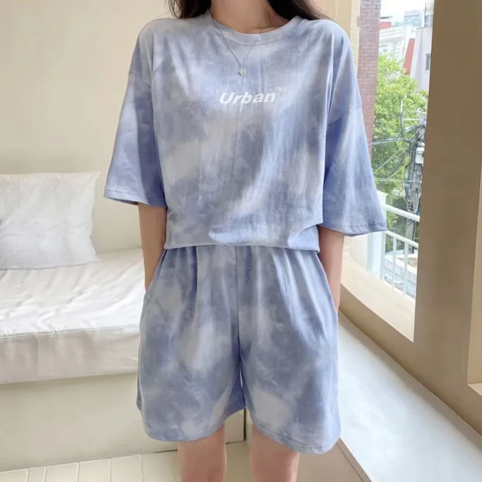 100% cotton Women Clothing Set Tie-Dyed Two Piece Sets Womens Outifits Camouflage Loose Shorts Set for Lady
