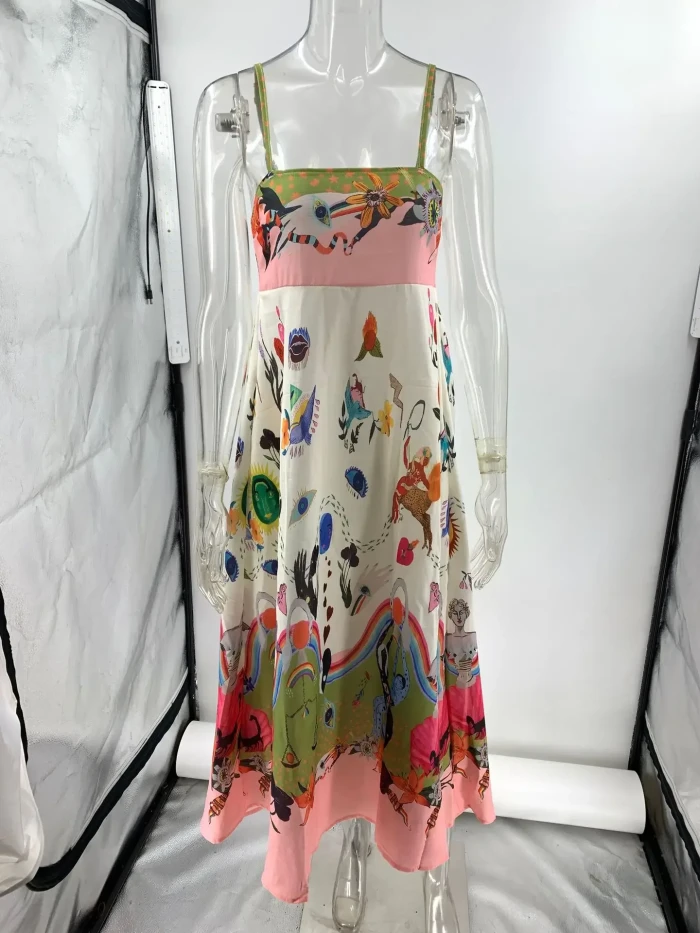 Linen Women's Graffiti Print Sexy A-Line Big Swing Backless Sleeveless Camisole Dresses