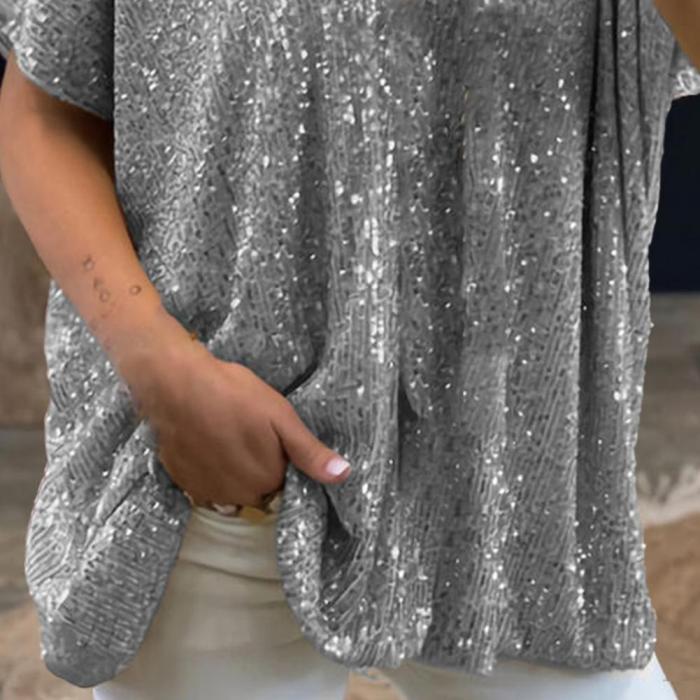 Fashion T-shirt Top Short Sleeve Sequined V Neck Tops Base T-shirt