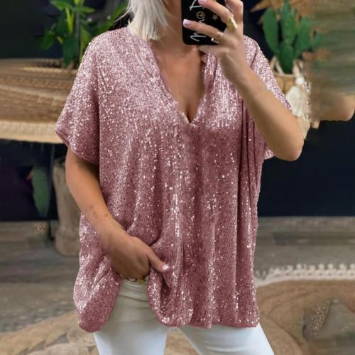 Fashion T-shirt Top Short Sleeve Sequined V Neck Tops Base T-shirt