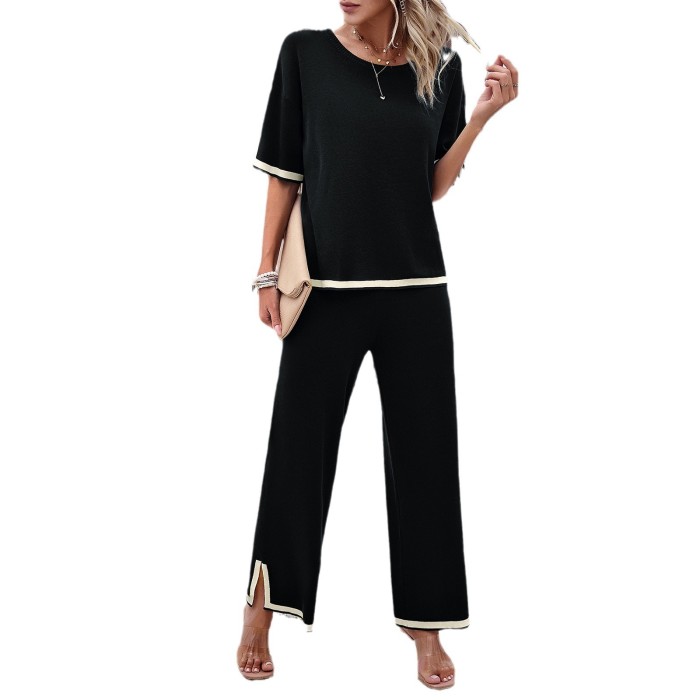 Elegant Temperament Casual Solid Color Knitted Shite Sleeved Suit Sweatpants Wide Leg Pants