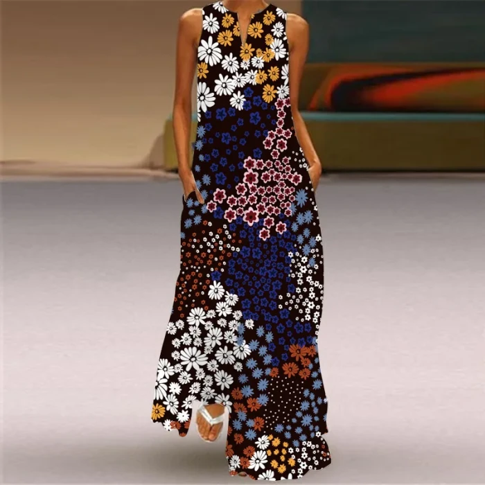 A-line Sleeveless Floral Print V-neck Slim Fashion Casual Chic Elegant  Dress