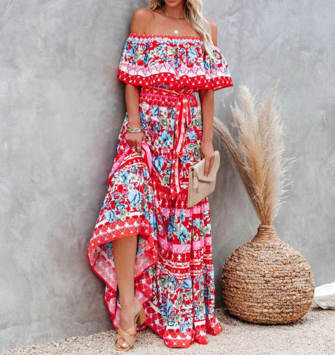 Sexy Off Shoulder  Print Floral Floor-length Summer Sundress Maxi Dress