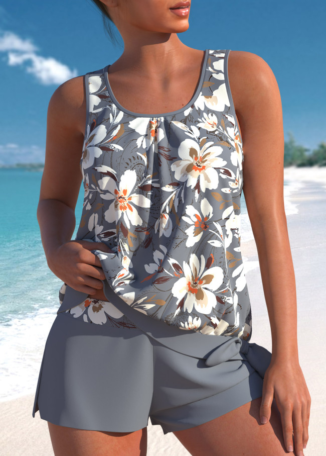 Bowknot Floral Print Grey Tankini Set