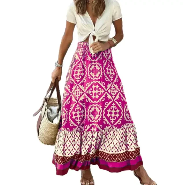 Boho Retro Floral Print  Elastic Waist Pleated Casual Holiday Beach Skirt