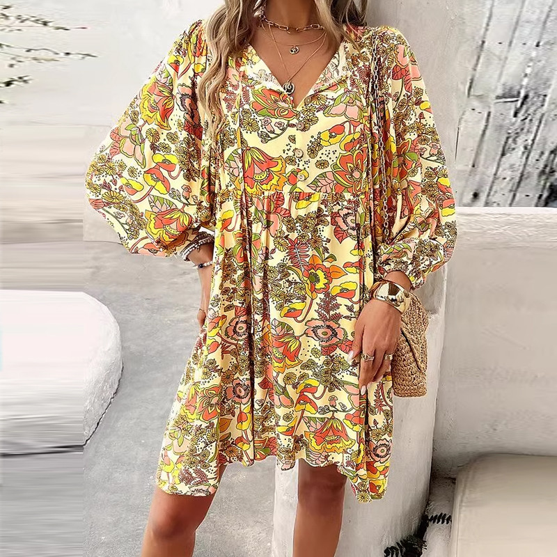 Women Sexy V-neck Draped A-Line Casual Long Sleeve Loose Party Print Mini Dresses