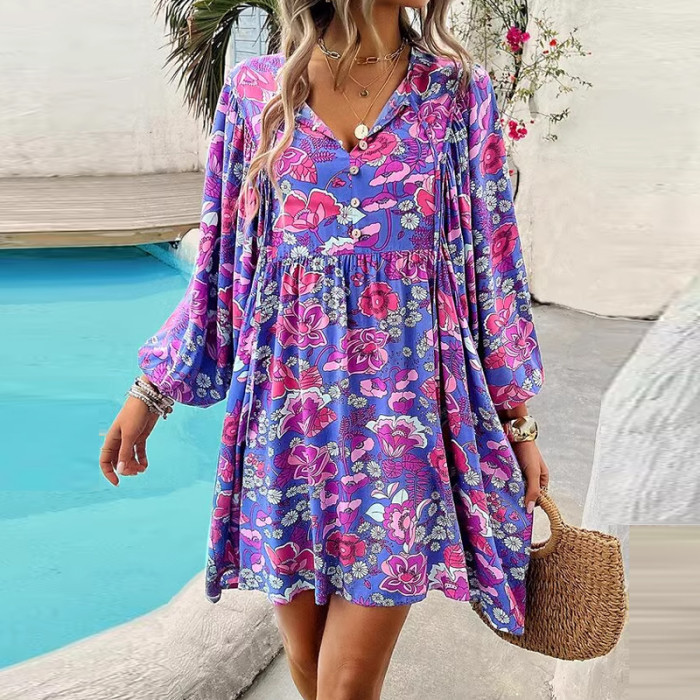 Women Sexy V-neck Draped A-Line Casual Long Sleeve Loose Party Print Mini Dresses