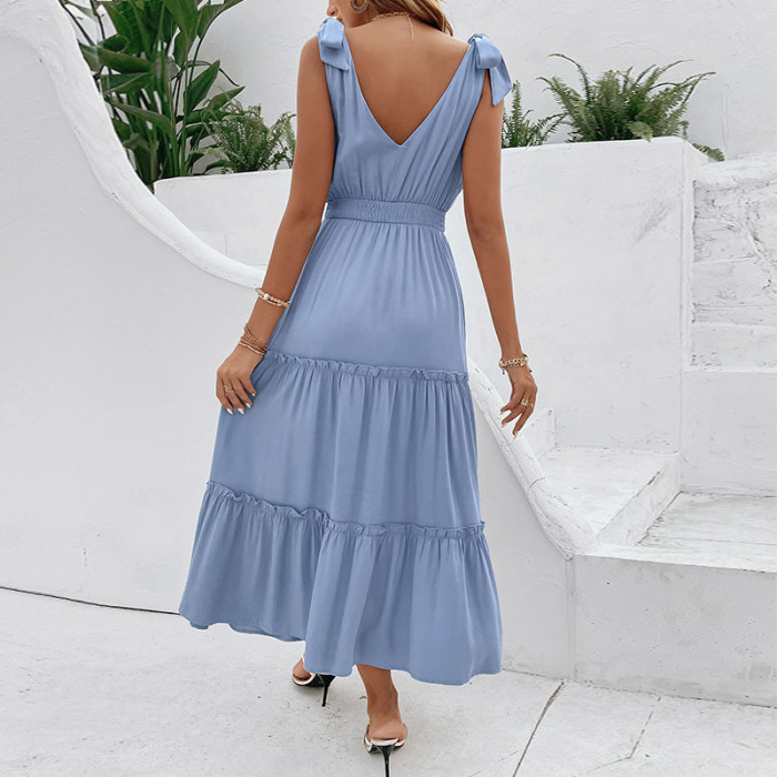Women Ruffles Boho Print Lace Up  Loose High Waist Casual Streetwear Elegant Sexy Vacation Dress