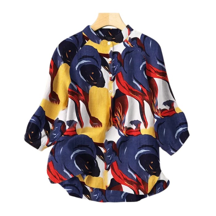 Oversize Cotton Linen Blouse Vintage Leaf Print Button Tops Fashion 3/4 Sleeve Boho Elegant Tunic Shirt