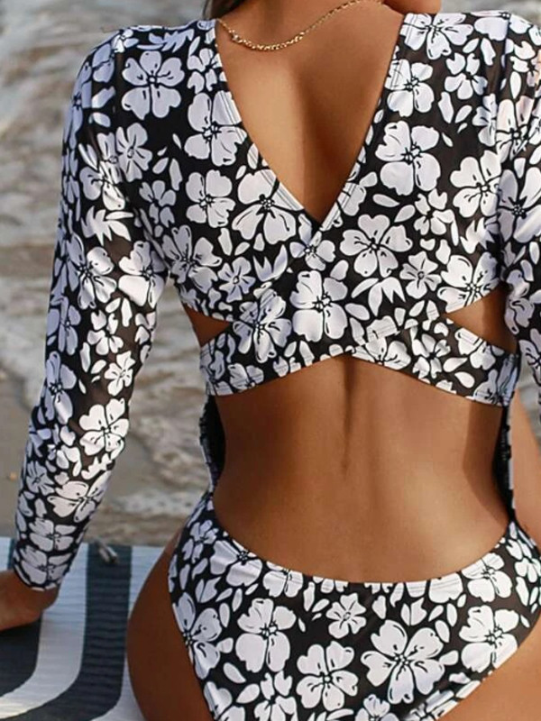 Women's Casual Beach Floral Print Long Sleeve Swimsuit