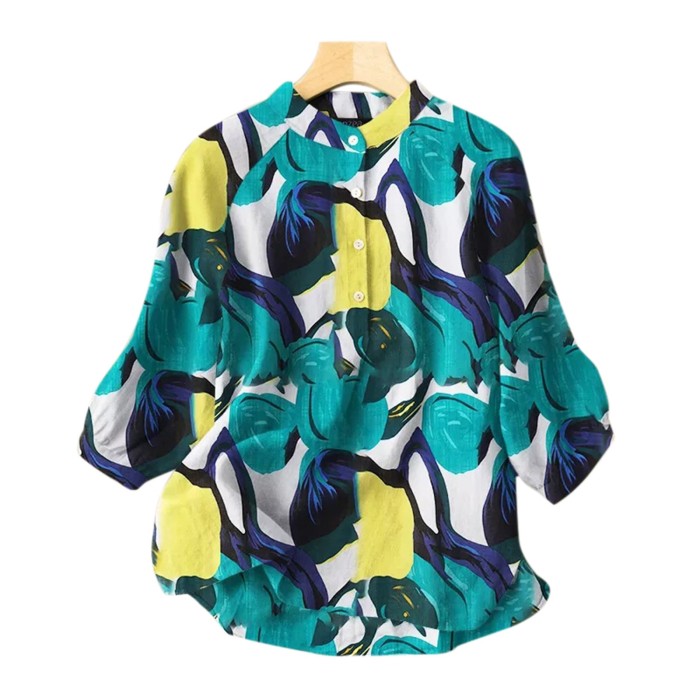 Oversize Cotton Linen Blouse Vintage Leaf Print Button Tops Fashion 3/4 Sleeve Boho Elegant Tunic Shirt